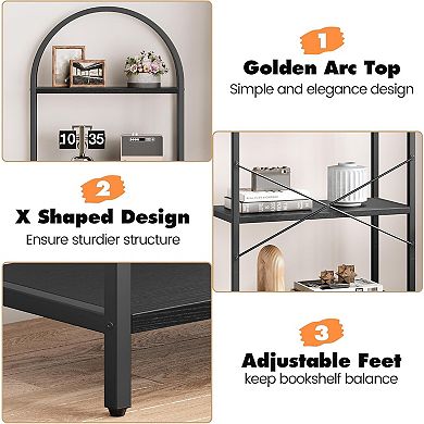 71" Narrow 5-Tier Industrial Bookshelf Heavy Duty Metal Frame Arched Bookcase Storage