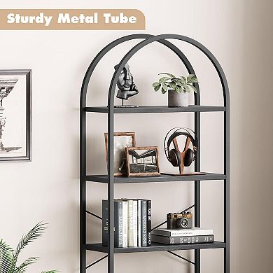71" Narrow 5-Tier Industrial Bookshelf Heavy Duty Metal Frame Arched Bookcase Storage