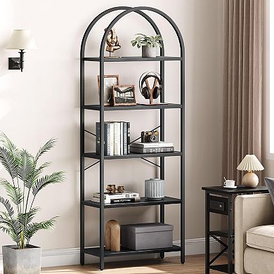 71" Narrow 5-Tier Industrial Bookshelf Heavy Duty Metal Frame Arched Bookcase Storage