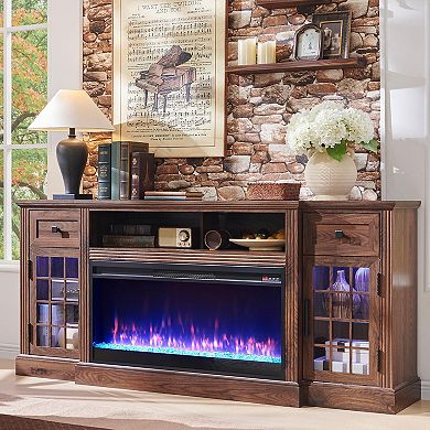 Fireplace TV Stand with 36in Electric Fireplace, 70in Farmhouse Highboy Entertainment Center