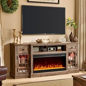 Fireplace TV Stand with 36 in Electric Fireplace, 70 in Farmhouse Highboy Entertainment Center