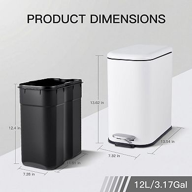 12 Liter Slim Trash Can with Lid, Kitchen Garbage Can with Inner Bucket & Step On Foot Pedal