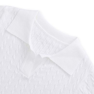 Girls' Short Sleeve Polo Knit Sweater V-Neck Cable Pullover School Uniform (5-14 Years)