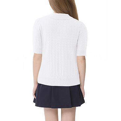 Girls' Short Sleeve Polo Knit Sweater V-Neck Cable Pullover School Uniform (5-14 Years)