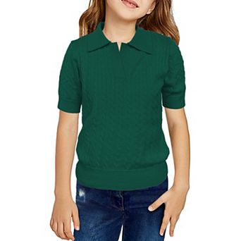 Girls' Short Sleeve Polo Knit Sweater V-Neck Cable Pullover School Uniform (5-14 Years)