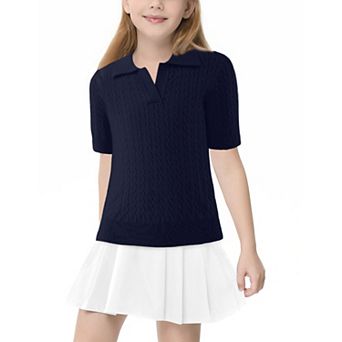 Girls' Short Sleeve Polo Knit Sweater V-Neck Cable Pullover School Uniform (5-14 Years)
