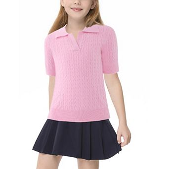 Girls' Short Sleeve Polo Knit Sweater V-Neck Cable Pullover School Uniform (5-14 Years)