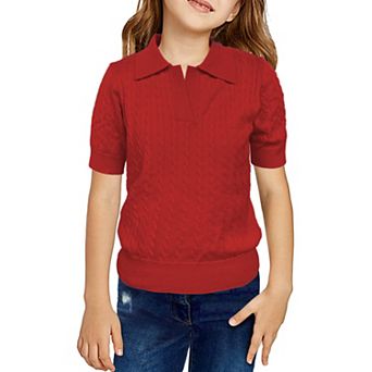 Girls' Short Sleeve Polo Knit Sweater V-Neck Cable Pullover School Uniform (5-14 Years)