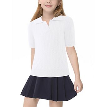 Girls' Short Sleeve Polo Knit Sweater V-Neck Cable Pullover School Uniform (5-14 Years)