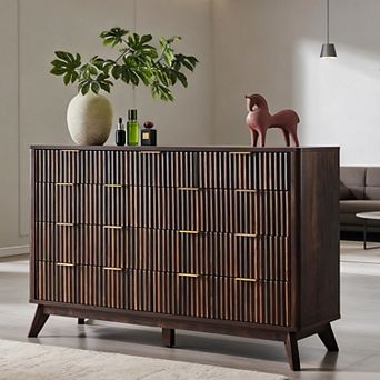 Modern Fluted 9 Drawer Dresser, 54" Wide Wood Storage Cabinet for Bedroom with Spacious Drawers