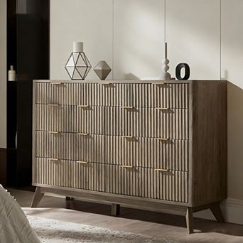 Modern Fluted 9 Drawer Dresser, 54" Wide Wood Storage Cabinet for Bedroom with Spacious Drawers