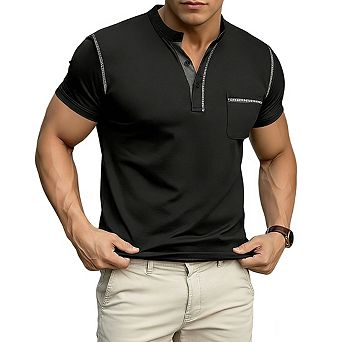 Men's Short Sleeve Stand Collar Top Pocket Color Block Casual Shirts