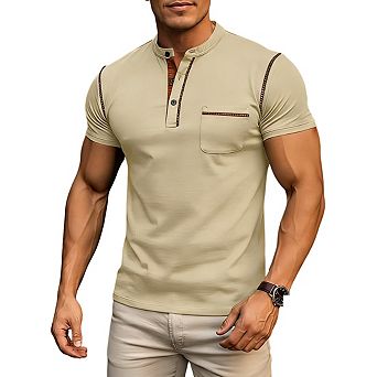 Men's Short Sleeve Stand Collar Top Pocket Color Block Casual Shirts