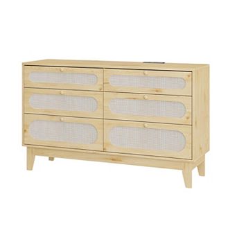 6 Drawer Dresser, Wide Wood Double Dresser with Metal Legs and Handles, Modern Chest of Drawers