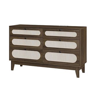 6 Drawer Dresser, Wide Wood Double Dresser with Metal Legs and Handles, Modern Chest of Drawers