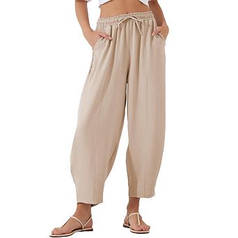 Women's Loose Fit Casual Elastic High Waist Pants Cropped Length Baggy Palazzo Pants with Pockets