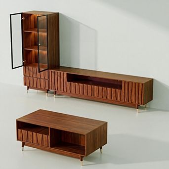 Wood Media Console 3 pc Set for TVs up to 75", Mid-century TV Stand and Cabinet for Living Room
