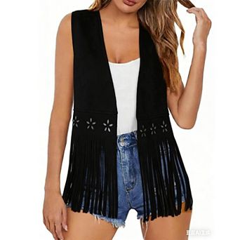 Women's Faux Suede Fringe Vest with Star Cutout - Open Front Western Boho Layered Vest