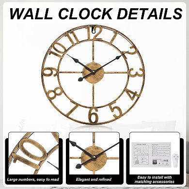 16inch/40cm Metal Wall Clock for Room, Silent Non-Ticking Vintage Battery Operated
