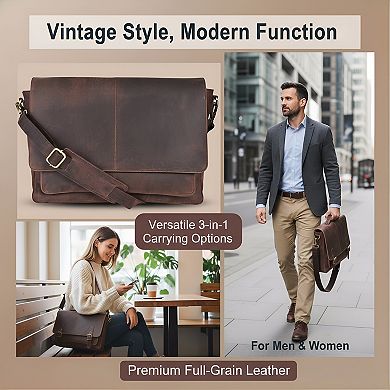 ZUQIETA Leather Messenger Bag for Men & Women - Laptop Briefcase with Adjustable Shoulder Strap