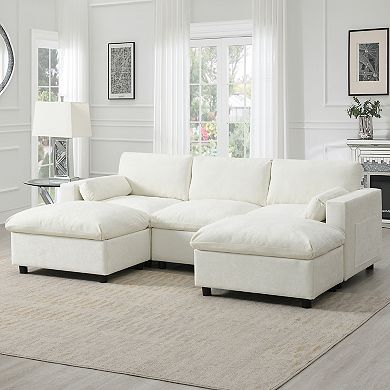 Whisen 5-Seat Chenille Sectional Sofa with Storage Pockets and 2 Movable Ottomans