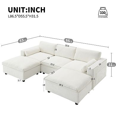 Whisen 5-Seat Chenille Sectional Sofa with Storage Pockets and 2 Movable Ottomans