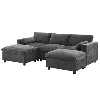 Whisen 5-Seat Chenille Sectional Sofa with Storage Pockets and 2 Movable Ottomans