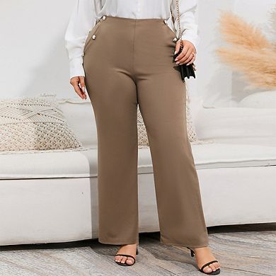 Women's large sized fitted wide leg business pants with decorative buttons