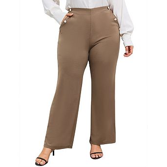 Women's large sized fitted wide leg business pants with decorative buttons