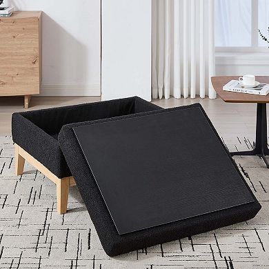 Upholstered Storage Ottoman with Reversible Lid and Wood Base Boucle