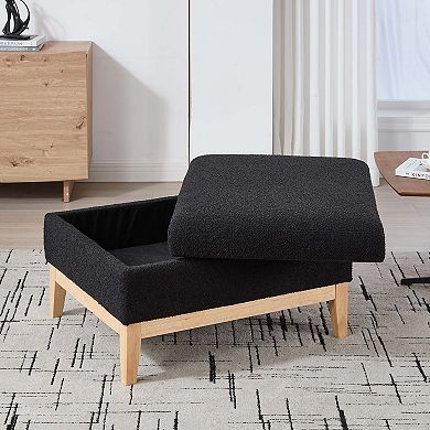 Upholstered Storage Ottoman with Reversible Lid and Wood Base Boucle