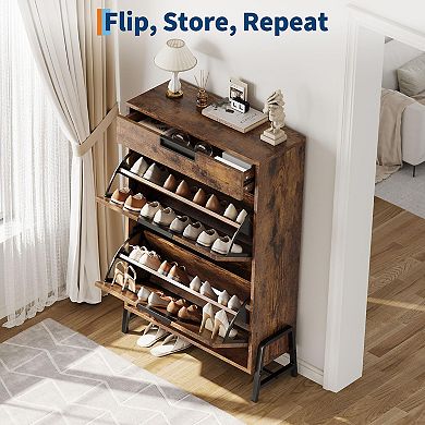 Shoe Storage Organizer with 2 Flip Drawers and 1 Drawer Freestanding with Adjustable Shelves