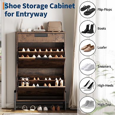 Shoe Storage Organizer with 2 Flip Drawers and 1 Drawer Freestanding with Adjustable Shelves