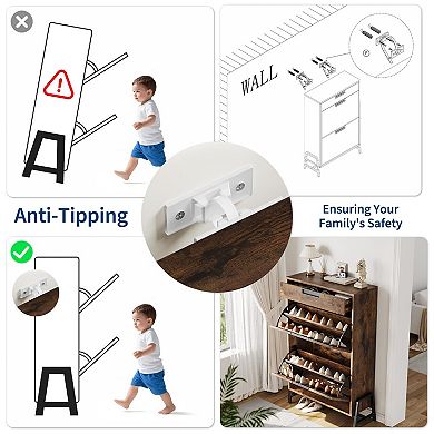 Shoe Storage Organizer with 2 Flip Drawers and 1 Drawer Freestanding with Adjustable Shelves