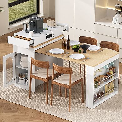Rolling Kitchen Island with Power Outlet & Extendable Dining Table, Multifunctional Bar Sideboard