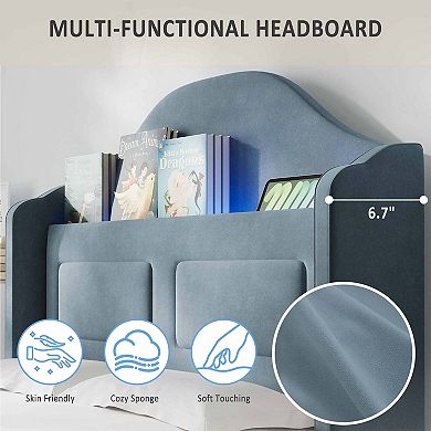 Wingback Velvet Platform Bed with LED Lights, Storage Bookcase Headboard, Wooden Slats Support