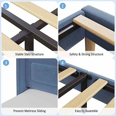 Wingback Velvet Platform Bed with LED Lights, Storage Bookcase Headboard, Wooden Slats Support