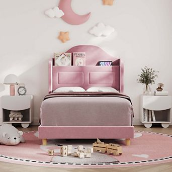 Wingback Velvet Platform Bed with LED Lights, Storage Bookcase Headboard, Wooden Slats Support