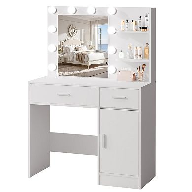 Compact 35.4"W x 15.7"D x 53.9"H Makeup Vanity with 2 Drawers, 3 Shelves, Dimmable LED Lights