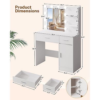 Compact 35.4"W x 15.7"D x 53.9"H Makeup Vanity with 2 Drawers, 3 Shelves, Dimmable LED Lights