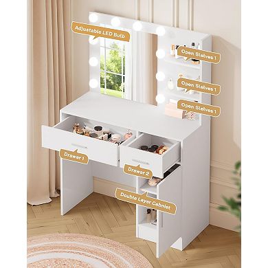 Compact 35.4"W x 15.7"D x 53.9"H Makeup Vanity with 2 Drawers, 3 Shelves, Dimmable LED Lights