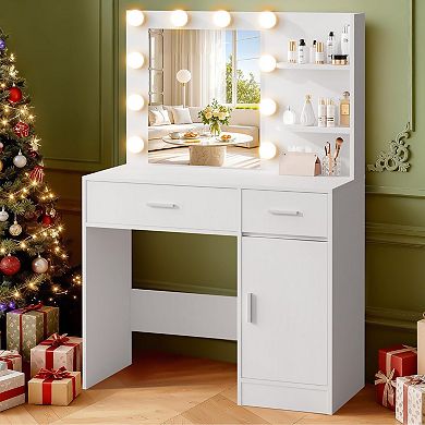 Compact 35.4"W x 15.7"D x 53.9"H Makeup Vanity with 2 Drawers, 3 Shelves, Dimmable LED Lights