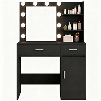 Compact 35.4"W x 15.7"D x 53.9"H Makeup Vanity with 2 Drawers, 3 Shelves, Dimmable LED Lights