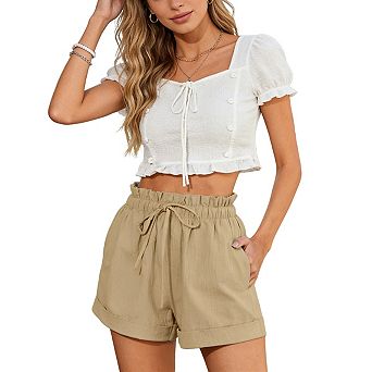 Women's Elastic Waist Casual Shorts Drawstring Rolled Cuff Comfy Lightweight Summer Beach Shorts
