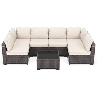 7 pc Outdoor Rattan Patio Furniture Set with Detachable Cushions & Glass Table