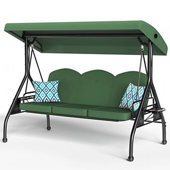 3-Seat Round Tube Outdoor Porch Patio Swing with Stand Adjustable Canopy and Removable Cushion