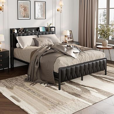 Metal Platform Bed Frame with Charging Station & Storage, All-Metal Noise-Free Base