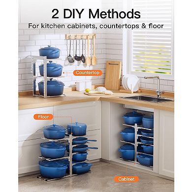 Adjustable 8-Tier Pot and Pan Organizer for Cabinet, Holds 120lbs, Sturdy Iron Design