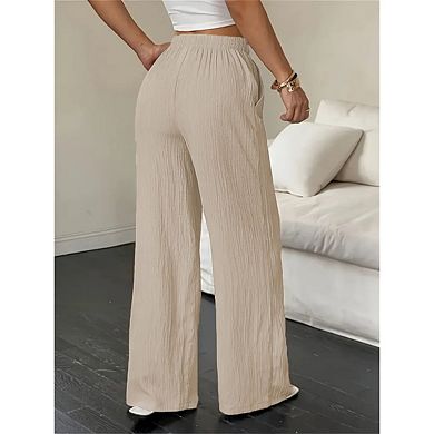 Womens Casual Straight Elastic High Waist Leg Pants Pull on Drawstring Beach Trousers with Pockets