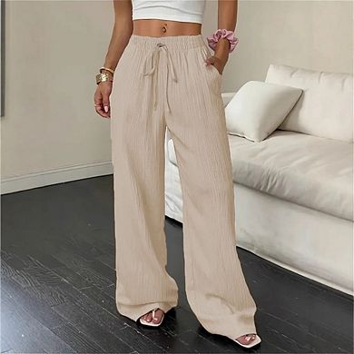 Womens Casual Straight Elastic High Waist Leg Pants Pull on Drawstring Beach Trousers with Pockets